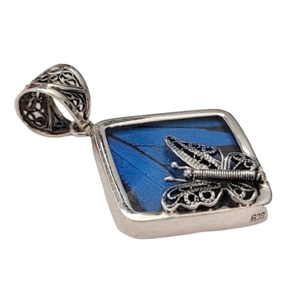 Sterling Silver Butterfly Charm, Blue Wing Large Filigree Bale Pendant E584 - Picture 3 of 9